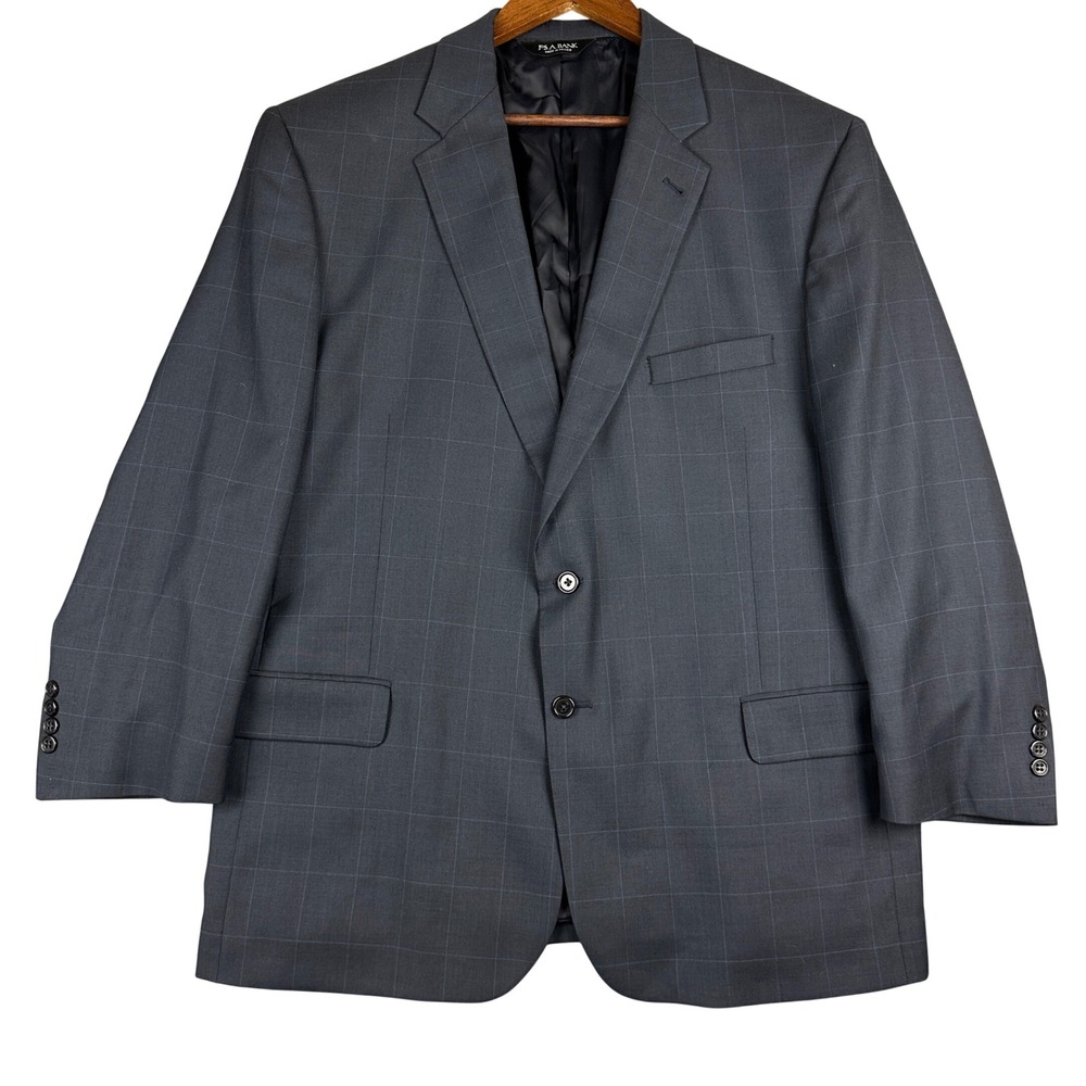 Jos A Bank Signature Collection Navy Blue Windowpane Wool Silk Blazer Jacket 48R